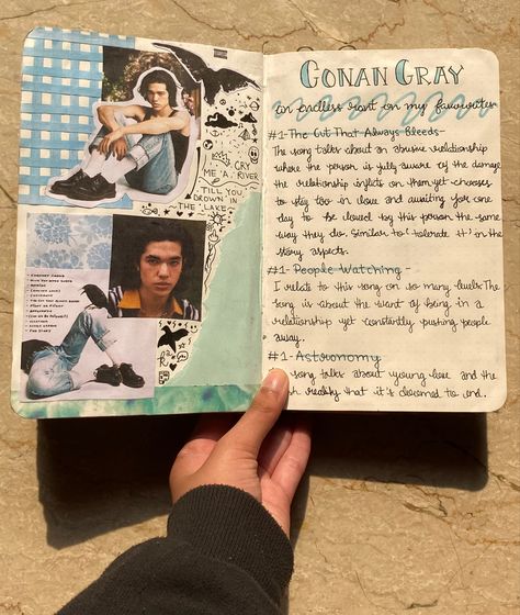 Conan Never Ending Song, Song Lyric Scrapbook Pages, Song Scrapbook Ideas, Scrapbook Song Lyrics, Music Lyrics Journal Ideas, Conan Gray Journal Ideas, Journal Ideas Song Lyrics, Song Journal Aesthetic, Song Diary Aesthetic