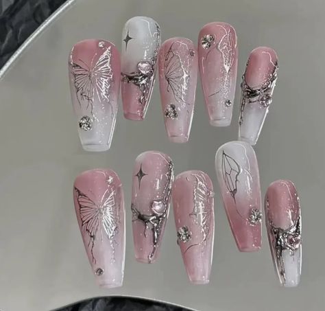 Butterfly Ombre Nails, Nails Silver, Punk Nails, Blush Nails, Pretty Gel Nails, Soft Nails, Kawaii Nails, Luxury Nails, Beauty Nail