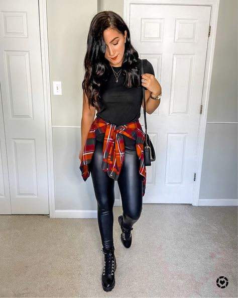 Tshirt And Leather Leggings Outfit, Plaid Shirt Leather Leggings, Flannel And Leather Leggings, Leather Leggings With Flannel Shirt, Leather Leggings Flannel Outfit, Faux Leather Leggings Concert, Flannel With Leather Leggings, Black Faux Leather Leggings Outfit Fall, Flannel Leather Leggings