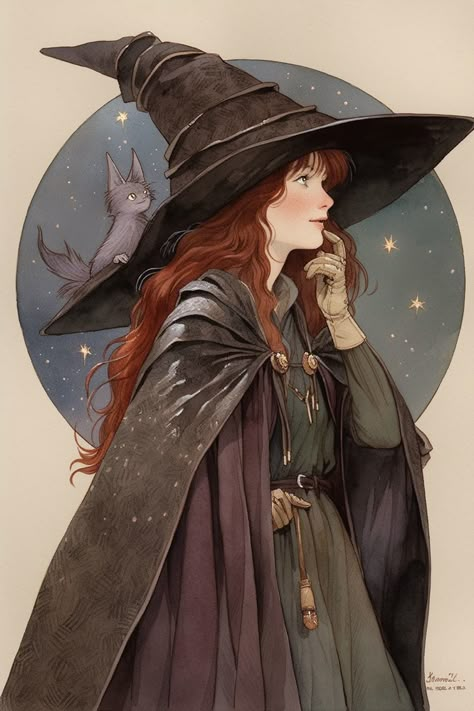 Witch Elements Illustration, Big Witch Hat Drawing, Witch Illustration Character Design, Fantasy Witch Art, Witch Character Art, Redhead Art, Magic Runes, Fairy Witch, Autumn Witch