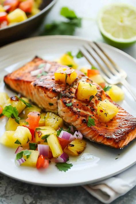 Caribbean Salmon Recipes, Salmon And Pineapple Recipes, Salmon With Salsa Recipes, Salmon With Pineapple Recipes, Salmon Pineapple Recipes, Pineapple Salmon Recipes, Salmon Pineapple Salsa, Mango Salsa With Salmon, Pineapple Salsa For Fish