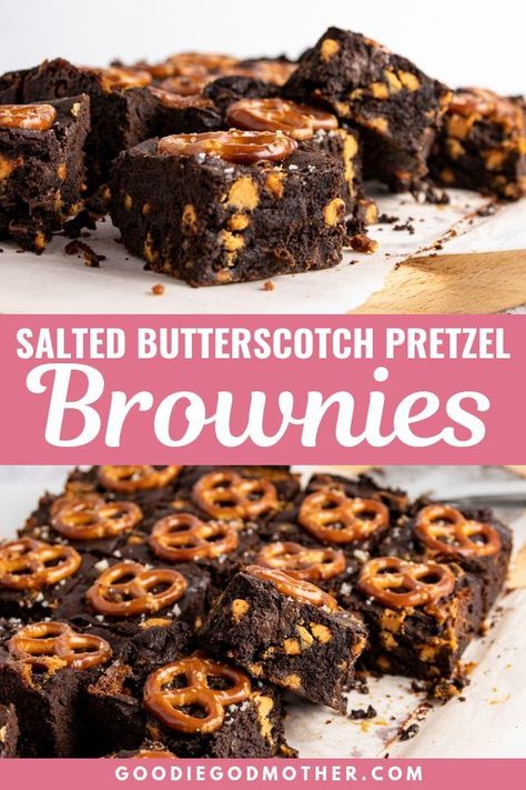 These salted butterscotch pretzel brownies are salty sweet decadence. Generously studded with butterscotch chips, these rich chocolate brownies are amazing! #dessertideas #brownies #dessertrecipe #comfortfood #chocolate #brownierecipe Pretzel Brownies, Hot Fudge Cake, Hot Chocolate Fudge, Cookies And Cream Cheesecake, New Year's Desserts, Party Food Dessert, Cheesecake Bar Recipes, Single Serve Desserts, Vegan Candies