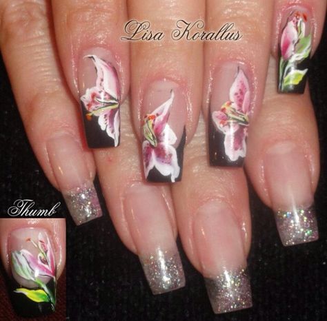 Acrylic nails by Lisa Korallus Stargazer Lilly, Lily Nails, Floral Nail Designs, Floral Nail, Stargazer Lily, Nail Pictures, Floral Nail Art, Hand Painted Flowers, Floral Nails