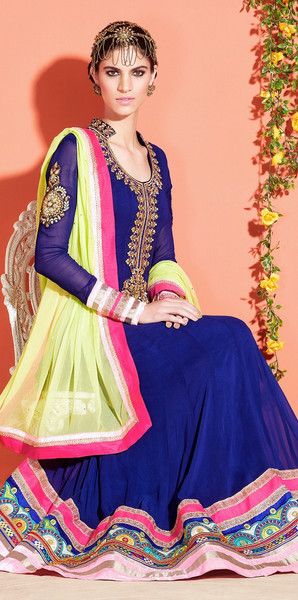 Navy Blue and Pastel Bordered Anarkali Suit Layered Kurta, Designer Anarkali Suits, Pakistani Wedding Outfits, Designer Anarkali, Pakistani Salwar Kameez, Desi Clothes, Utsav Fashion, Salwar Kameez Designs, Anarkali Suit