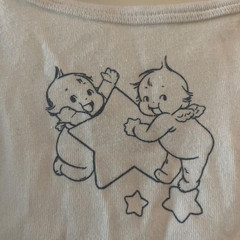 Cute Cherub Drawing, Kewpie Brandy Melville, Cherub Brandy Melville, Brandy Cherub Top, Cherub Illustration Vintage, Zodiac Kewpie, Baby Shirt Design, Kewpie Art, Cherub Baby