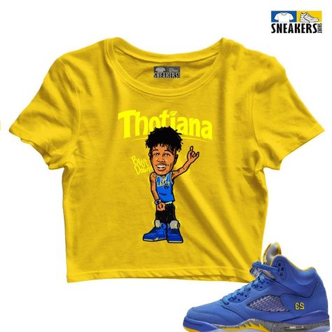 Thotiana Blue Face Matching Air Jordan 5 Laney Royal Crop-Top Yellow Check more at https://sneakersshirt.com/product/thotiana-blue-face-matching-air-jordan-5-laney-royal-crop-top-yellow/ Yellow Sneakers, Blue Face, Jordan Shirts, Air Jordan 5, Jordan 5, Sneakers Outfit, Yellow Fashion, Unisex Tshirt, Matching Shirts