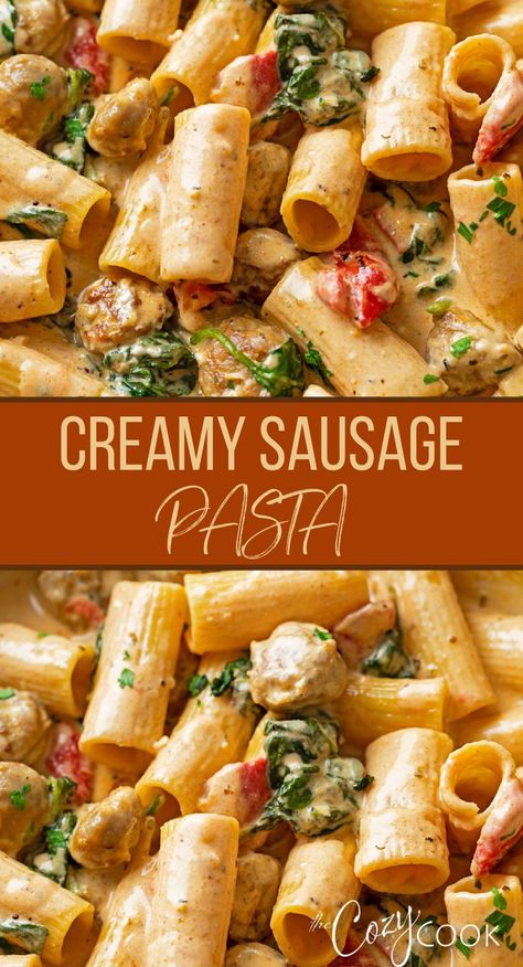 creamy sausage pasta with spinach, peppers, and a creamy cheese sauce Sausage Peppers Pasta, Kielbasa Sausage Recipes, Peppers Pasta, Sausage And Peppers Pasta, Creamy Sausage Pasta, Chicken Sausage Recipes, Sausage Recipes For Dinner, Sausage Dinner, Sausage Pasta Recipes