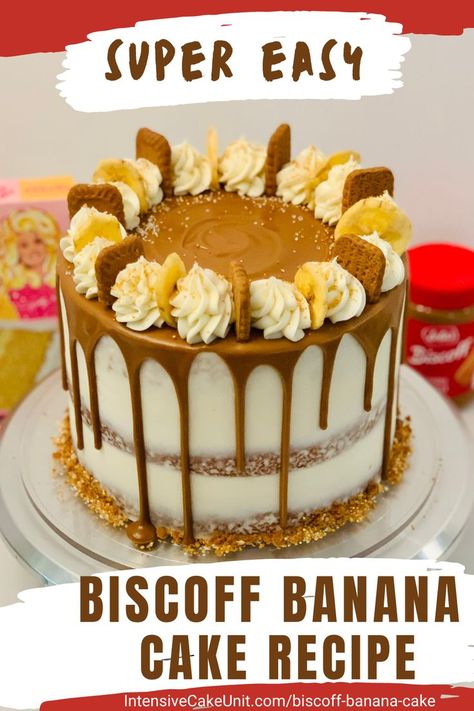 Biscoff Banana Cake, covered with cream cheese frosting and a cookie butter drip, decorated with Biscoff Cookies and Banana chips Biscoff Cake Recipe, Banana Biscoff, Biscoff Banana, Caramel Drip Cake, Layer Cake Filling, Biscoff Cake, Salted Caramel Cake, Biscoff Cookie Butter, Ganache Cake