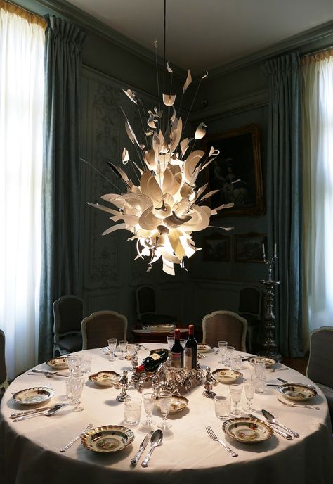 https://flic.kr/p/GUMnhv | Waddesdon Manor NT Bucks 310316 (58) | A series of chandeliers taken in Waddesdon Manor a National Trust property in the UK. As you can probably see it is made from pieces of crockery & was commissioned for the room in 2003. Designed by the German lighting engineer, Ingo Maurer, and tiled Porca Miseria which roughly translated from Italian means "Oh my Goodness" - presumably because the pieces are broken. Waddesdon Manor, Stair Art, Dining Room Renovation, Statement Art Pieces, Ingo Maurer, Italian Lighting, Sopot, Luminaire Design, Luxury Lighting