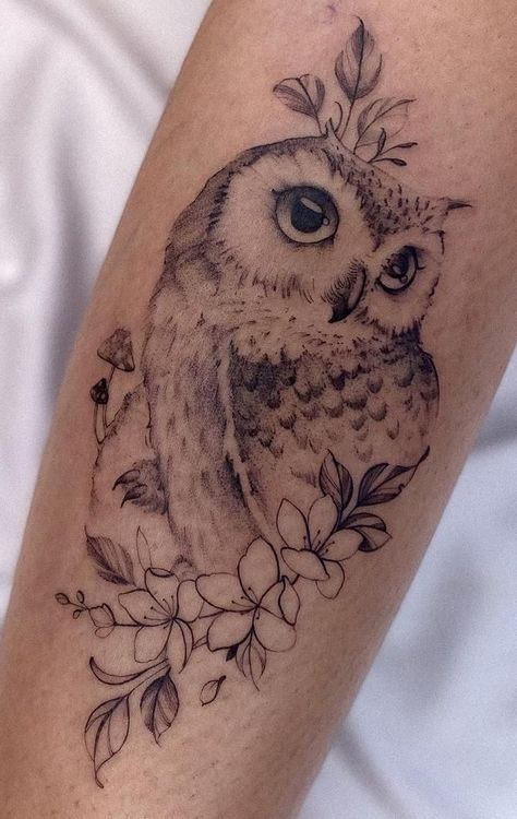 Owl Branch Tattoo, Delicate Owl Tattoo, Owl Flower Tattoo, Floral Owl Tattoo, Owl Shoulder Tattoo, Owl With Flowers Tattoo, Owl And Flower Tattoo, Fine Line Owl Tattoo, Owl Tattoos For Women