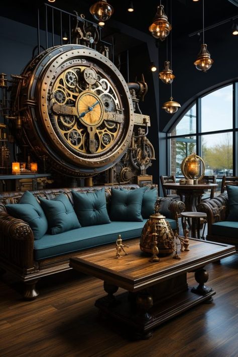 A Modern Steampunk Style Apartment Room Steampunk Living Room Ideas, Steampunk Garage, Steampunk Interior Design, Modern Steampunk, Garage Clock, Comfy Cozy Home, Steampunk Ship, Steampunk Interior, Modern Apartment Living Room