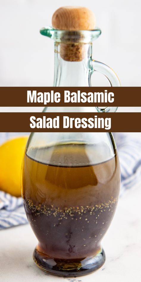 Tangy and sweet, this delicious Maple Balsamic Salad Dressing pairs perfectly with a fresh leafy salad. The balsamic vinegar adds a deep, rich flavor, while the maple syrup gives you the perfect hint of sweetness. Maple Vinaigrette Salad, Harvest Salad Dressing Recipes, Apple Balsamic Dressing, Salad Dressing Maple Syrup, Homemade Fall Salad Dressing, Maple Syrup Dressing Vinaigrette Recipe, Maple Syrup Vinaigrette Dressing, Winter Salad Dressing Recipes, Thanksgiving Salad Dressing