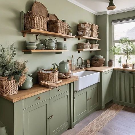 Hardware On Green Cabinets, Rustic Colourful Home, Diy Green Kitchen Cabinets, Sage Green Cottage Kitchen, Green Cabinets Wood Countertop, Cottage Kitchen Green, Sage Green And Wood Kitchen, Kitchen Aesthetic Green, English Kitchen Design