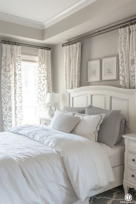 25 White and Silver Bedroom Ideas for a Soothing Space Hampton Style Bedroom, Silver Bedroom Ideas, White And Silver Bedroom, Condo Bedroom, Silver Bedroom, White Room Decor, White Decorative Pillows, Classy Bedroom, Beige Bedroom