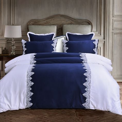 Simply Shabby Chic Royal Blue and White Vintage Victorian Lace Romantic Elegant Cotton Twin, Full, Queen Size Bedding Sets Draps Design, Lace Bedding Set, Bedroom Comforter Sets, Bed Cover Design, Designer Bed Sheets, White Duvet Cover, Lace Bedding, White Duvet Covers, Twin Bed Sets