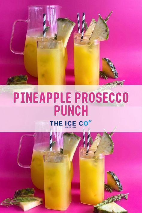 pineapple prosecco punch sharing cocktail recipe Prosecco Punch, Pineapple Recipe, Pineapple Recipes, 5 Ingredient, Pineapple Juice, Sparkling Wine, The Ice, Cocktail Recipes, Pineapple