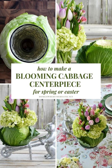 How to make a Blooming Cabbage Centerpiece for Spring or Easer | ©homeiswheretheboatis.net #diy #flowerarrangement #centerpiece #cabbage #spring #tablescape #bunnies #easter Low Spring Centerpieces, Easter Flower Centerpieces, Spring Floral Table Centerpieces, Cabbage Flower Arrangement, Easter Table Arrangements, Peter Rabbit Centerpieces, Spring Table Arrangements, Easter Bouquets Floral Arrangements, Easter Floral Arrangements Centerpieces