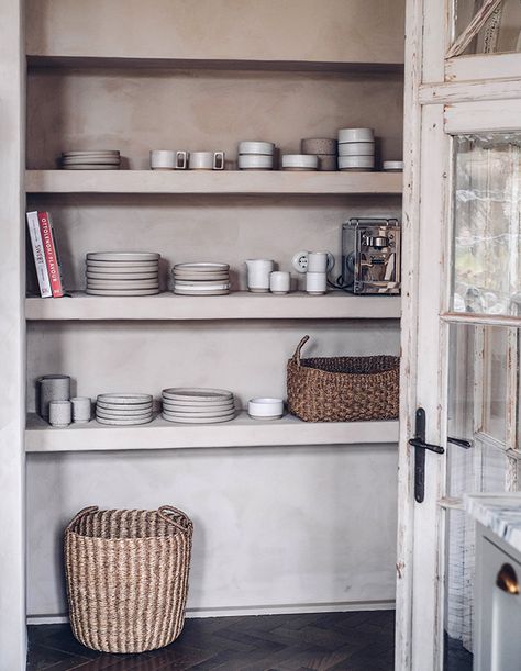 This Renovated Schoolhouse Is The Kitchen Of Our Dreams - House & Home Plaster Shelves, La Cornue Kitchen, Big Fridge, Floating Kitchen Shelves, Rustic Farmhouse Furniture, Devol Kitchens, Pantry Cupboard, Woven Chair, Window Handles