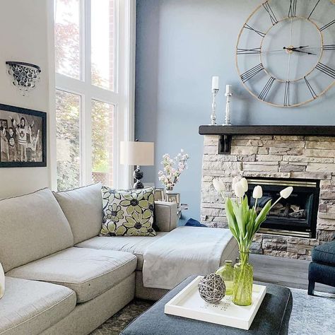 Living Room With Light Blue Walls, Light Blue Wall Living Room, Living Room Decor Light Blue Walls, Gray Blue Living Room, Light Blue Living Room Walls, Blue Wall Ideas, Grey White Living Room, Peaceful Living Room, Blue Family Rooms