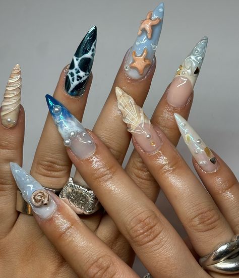 sea wrld 🌊🧜🏾‍♀️🪸🪼🐚 #nailart #waternails #seanails #westlondonnails #westlondonnailtech #nailinspo Nails For Beach, Sea Nail Art, Nails Beach, Sea Nails, Hard Nails, Glamour Nails, Colored Acrylic Nails, Nails Design With Rhinestones, Nail Fashion