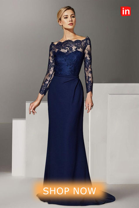 Mermaid / Trumpet Mother of the Bride Dress Formal Wedding Guest Elegant Off Shoulder Floor Length Lace Stretch Chiffon Long Sleeve with Lace Ruching 2024  #eveninggown #motherofthebridedress