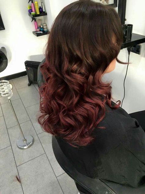 Brunette Red Ombre Burgundy Balayage Light Brown Hair, Red Balayage Hair Light Brunettes, Dark Red Ends On Brown Hair, Black To Dark Red Ombre Hair, Dark Brown To Red Hair Before And After, Brunette Red Ombre, Burgendy Hair Color, Burgundy Balayage, Dark Brown Hair Balayage