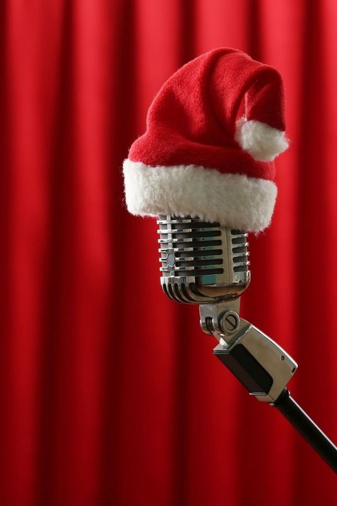 Old style microphone with santa hat in front of red theater curtain 1940s Radio, Christmas Radio, George Bailey, Christmas Shows, Sound Effects, Theater, Christmas Holidays, Merry Christmas, Bar