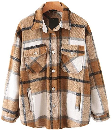 Womens Casual Wool Blend Plaid Lapel Button Down Long Sleeve Shacket Jacket Coat Winter Loose Oversize Shirts at Amazon Women’s Clothing store Vestiti In Jeans, Casual Plaid Shirt, Plaid Shirt Women, Plaid Shacket, Flannel Jacket, Tweed Coat, Plaid Coat, Loose Shirts, Plaid Fashion