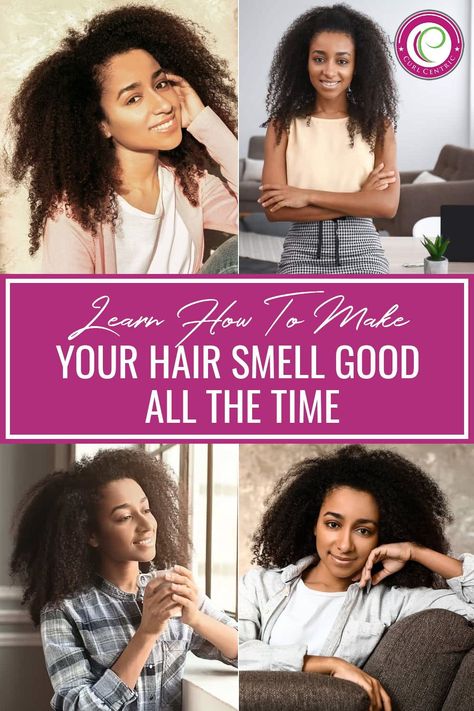 Is it possible to keep your hair smelling good all the time? It may seem almost undoable, but it can be done! Here's how to keep your hair smelling fresh and good throughout the day - click to explore this guide. Hair Smelling Good, Make Your Hair Smell Good, Hair Smell Good, Curly Hair Regimen, Smell Good All Day, Curly Hair Growth, Burnt Hair, Smelling Good, Transitioning Hairstyles