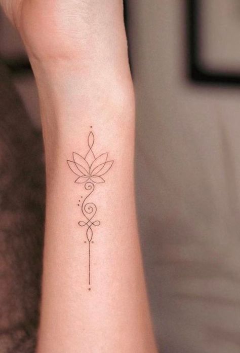 Unalome Hand Tattoos For Women, Tattoo Ideas Female Lotus Flower Small, Fine Line Unalome Tattoo, Back Ankle Tattoos For Women, Tatoos Woman Shoulder, Unalome Spine Tattoo, Tattoos That Symbolize Growth, Lotus Tattoo Hand, Tattoo Ideas Female Meaningful Unique Arm