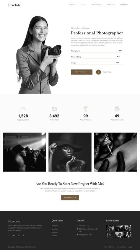 Pixelate - Portfolio & Photography Elementor Template Kit About Us Page Design, Photography Portfolio Template, Wordpress Theme Portfolio, Photography Portfolio Website, Photography Website Design, Website Design Wordpress, Portfolio Photography, Photographer Website, Simple Website