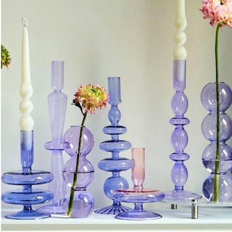 Lilac Candle, Lilac Candles, Room Pastel, Holiday Kitchen Decor, Romantic Candlelight, Candle Holders Wedding, Glass Candlestick Holders, Home Wedding Decorations, Nordic Home