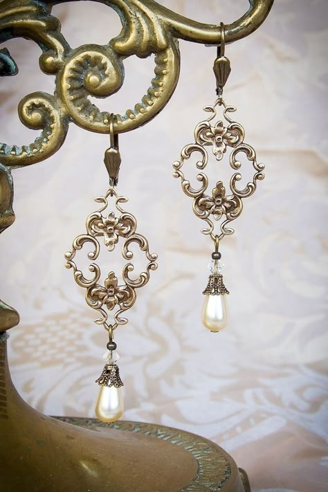 October Jewelry, Unique Jewelry Vintage, Ethereal Jewelry, Long Chandelier, Victorian Earrings, Mother Of Pearl Earrings, Ivory Pearl, Drop Beads, Victorian Jewelry