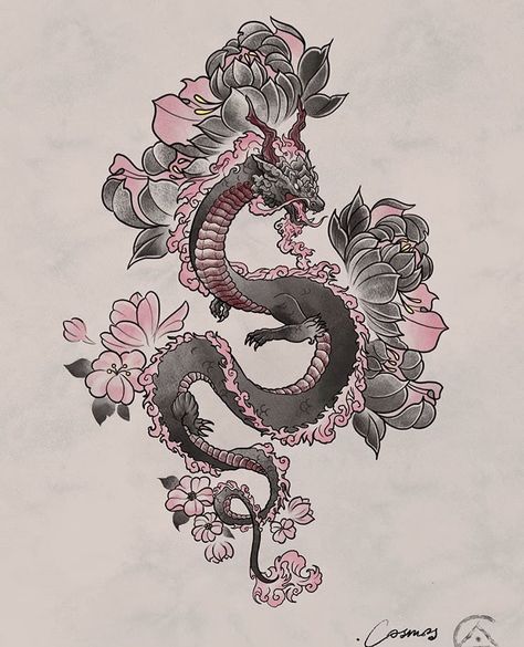 Japanese Tattoos Dragon Cherry Blossoms, Cherry Blossom Dragon, Tattoo Ideas Drawings, Tutorial Sketch, Red Dragon Tattoo, Many Tattoos, Sakura Tattoo, Dragon Sleeve, Dragon Tattoo Art