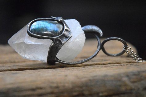 Soft Solder, Labradorite Raw, Gothic Pendant, Raw Crystal Ring, Necklace Gothic, Soldering Jewelry, Raw Quartz, Witchy Jewelry, Labradorite Necklace