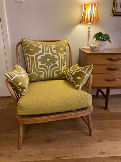 Ercol Chair Upholstery, Scottish Apartment, 70s Armchair, Ercol Sofa, Sofa Reupholstery, Ercol Armchair, Print Armchair, Ercol Chair, Ercol Furniture