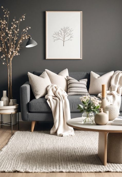 Dark Grey Couch Living Room Ideas Grey Couch With White Pillows, Grey Couch Color Palette, Dark Grey Couch Throw Pillow Ideas, Grey Couch Cozy Living Room, Sofa And Two Recliners Layout, Decorate Grey Couch, Grey Couch White Pillows, Grey Sofas Living Room Color Schemes, Dark Grey And Cream Living Room