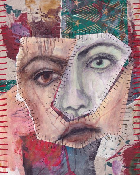 “Fracture” -05.02.2021 .. #experimentalart #mixedmediacollage #textileart #mixedmediatextiles #stitchedportrait #stitchedpaintings #tornpapercollage #rawart #outsiderart #femaleportrait #roughportrait #sketchbookart #embroiderycollage #painterlytextures #painttextures #expressivepainting #patchwork #piecework #abstractportrait Patchwork Portrait, Inspo Collage, Igcse Art, Mask Project, Homework Ideas, A Level Textiles, Mixed Media Textiles, New Project Ideas, A Level Art Sketchbook