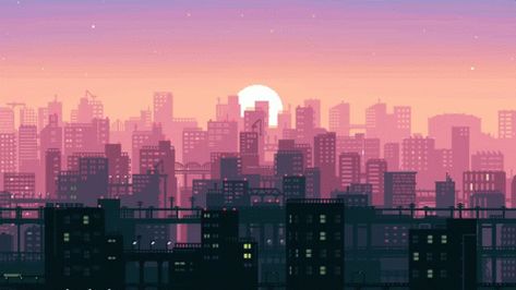 Chill Gif, Lofi Wallpaper, Pixel City, Gif, Moon, Wallpapers