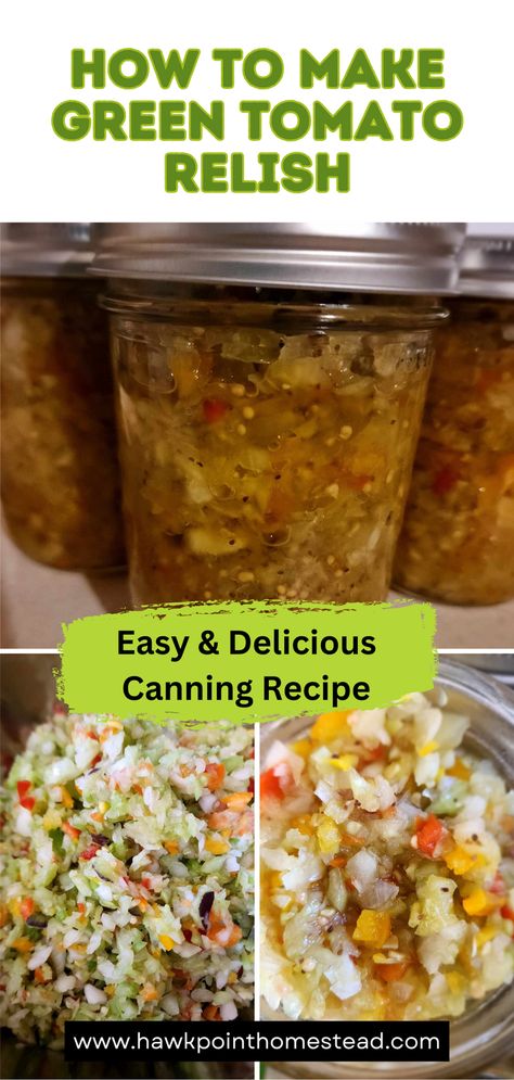 This easy green tomato relish recipe for canning is a great way to use the abundance of green tomatoes from your garden. This green tomato relish is a delicious, tangy mix of green tomatoes, onions, bell peppers, and spices. It is great for hot dogs and hamburgers, but also for potato salad, tuna salad, chicken salad and egg salad. The sweet green tomato relish recipe is also yummy when added to different pasta dishes. Sweet Green Tomato Relish Recipe, Green Tomato Relish Recipe, Homemade Chili Beans, Tomato Relish Recipe, Tomato Canning, Green Tomato Salsa, Green Tomato Relish, Canning Tomatoes Recipes, Relish Recipe