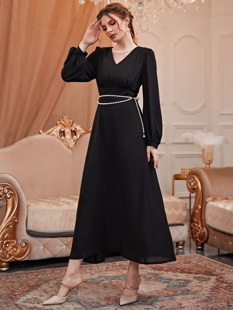 Black Elegant  Long Sleeve Polyester Plain A Line Embellished Non-Stretch Spring/Fall Women Dresses Long One Piece Dress Western, One Piece Dress Western, Daytime Glam, Black Frock, Floral Frocks, Western Clothes, Frock Fashion, Floral Prom Dresses, Chic Maxi Dresses