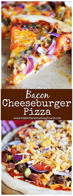 Bacon Cheeseburger Pizza ~ enjoy all your favorite cheeseburger toppings, on a pizza! #homemadepizza #pizza #cheeseburgers #pizzarecipes #thekitchenismyplayground   www.thekitchenismyplayground.com Hamburger Pizza Recipes, Cheeseburger Pizza Recipe, Cheeseburger Recipes, Bacon Cheeseburger Pizza, Upside Down Pizza, Pizza Station, Cheeseburger Pizza, Hamburger Pizza, Recipes Pizza