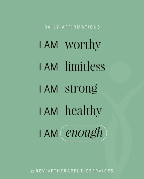 These affirmations hold the power to transform your mindset and uplift your spirit, reminding you of your inherent value and resilience. At Revive Therapeutic Services, we believe in nurturing self-worth and empowering individuals to embrace their strengths. Whether you’re navigating challenges or seeking to enhance your well-being, affirmations like these can be a powerful tool in your journey towards mental and emotional wellness. Take a moment today to reflect on these affirmations and s... I Am Enough, I Am Worthy, I Am Strong, Self Worth, Emotional Wellness, Daily Affirmations, Well Being, Words Of Wisdom, Affirmations