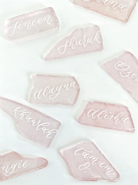 Sea Glass And Pink Wedding, Sea Glass Name Cards Wedding, Sea Glass Place Cards, Sea Glass Place Cards Wedding, Seaglass Place Cards, Raspberry Wedding, Sea Glass Wedding, Small Beach Weddings, Dream Beach Wedding