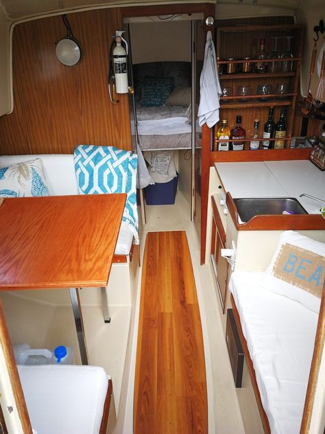 Grampian 26 sailboat galley and cabin we renovated Sailboat Cabin Makeover, Small Sailboat Interior, Sailboat Makeover, Sailboat Interior Ideas, Sailboat Renovation, Sailboat Galley, Boat Renovation, Boat Kitchen, Catalina 22