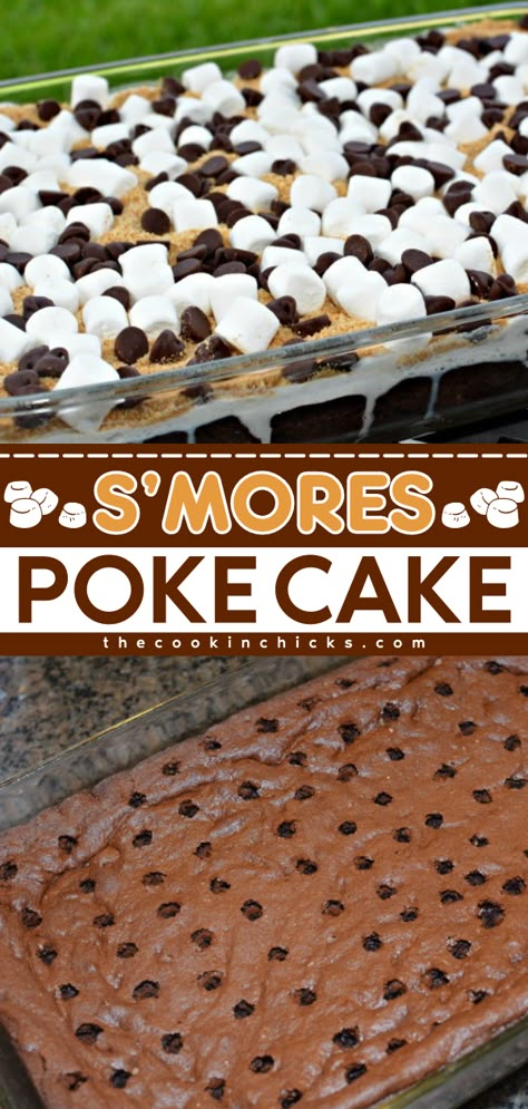 Your Labor Day party food ideas must have this s'mores cake! Along with the goodness of marshmallows and graham crackers, every bite of this chocolate poke cake is delicious. Save this s'mores poke cake recipe for a simple summer dessert everyone will love! Cakes For Bbq Party, Desserts To Take To A Cookout, Desserts For Team Dinners, Dessert Recipes Labor Day, Bbq Cookout Desserts, Smores Dump Cake Recipes, Easy S’mores Poke Cake, Chocolate Potluck Desserts, Marshmallow Chocolate Poke Cake Recipe