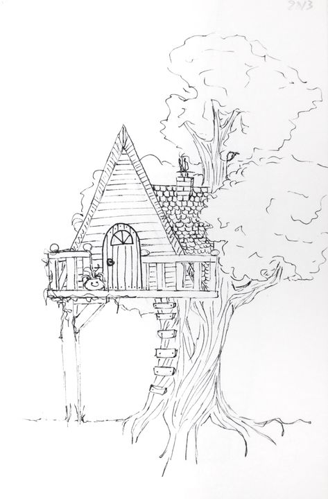 Skets, fine liner treehouse drawing How To Draw A Tree House, Tree House Art Drawing, How To Draw A Treehouse, House Drawings Sketches, Treehouse Drawing Simple, Tree House Drawing Simple, House Drawing Aesthetic, How To Draw Houses, Drawing Buildings Sketch Easy