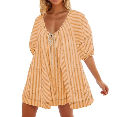 PRICES MAY VARY. Material: This cute summer rompers for womens is made of soft and comfy fabrication.Crafted from a premium blend of 95% polyester, and 5% spandex Rompers. The puff sleeve romper with pockets for women summer outfits make you feel breathable, lightweight, skin-friendly, is modest, comfy, stylish, and have you always on-trend for daily wear. Features: Featuring a loose and fashionable baggy style.Womens overalls come with two convenient side pockets. The one piece romper is design Beach Playsuit, Woolen Dresses, Boho Jumpsuit, Suspenders For Women, Casual Rompers, Summer Stripes, Striped Rompers, Solid Color Dress, Striped Jumpsuit