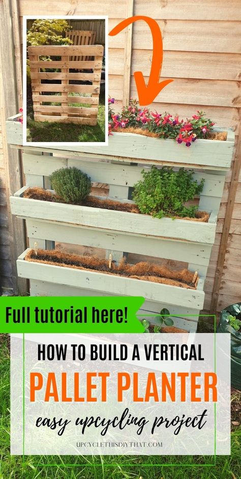 Looking to add some life to your outdoor space on a budget? Check out this easy tutorial on how to make a vertical pallet planter! This project is perfect for anyone who wants to learn how to upcycle old pallets into something useful and beautiful. With just a few simple steps, you can have your own garden oasis in no time at all! Pallet Garden Planters Diy, Outdoor Ideas With Pallets, Pallet Wall Garden Vertical Planter, Pallet Gardens Vertical, Pallet Vertical Planter, Diy Pallet Planter Wall, Herb Planters Diy, Wall Pallet Planter, Diy Pallet Planters Outdoor