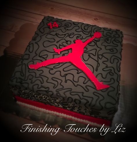 Air Jordan birthday cake By www.facebook.com/finishingtouchesbyliz Sneaker Head Birthday Cake, Jordan Birthday Cake Ideas, Michael Jordan Birthday Cake, Air Jordan Cake Ideas, Air Jordan Birthday Party Ideas, Jordan Theme Cake, Jordan Cake Ideas, Jordan Birthday Party Ideas, Air Jordan Birthday Cake